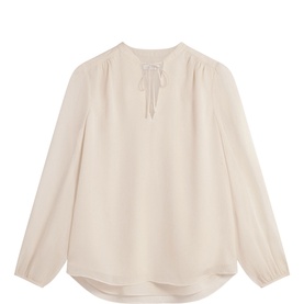 Hobbs Warm Ivory long-sleeve blouse with tie-neck keyhole neckline and elasticated cuffs, relaxed fit