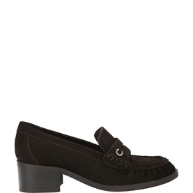 Black suede block-heel loafer with moccasin stitching, gold-tone snaffle trim, and dark rubber sole