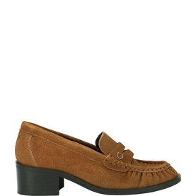 Carvela beige suede loafer with block heel, moccasin toe stitching, gold-tone bar detail, and black rubber sole