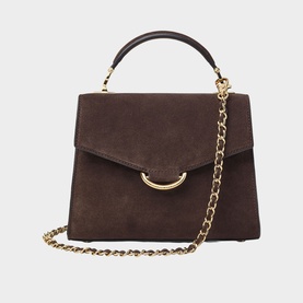 Aspinal of London chocolate suede structured top-handle bag with gold chain strap and half-ring clasp detail on flap