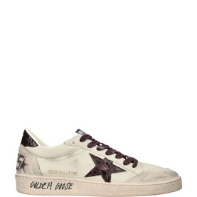 Golden Goose Ball Star low-top sneaker in distressed white leather with dark glitter star, burgundy laces and heel detail