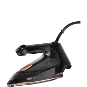 Braun FreeStyle 7 Steam Iron in black with rose gold accents, pointed soleplate and ergonomic handle with power cord