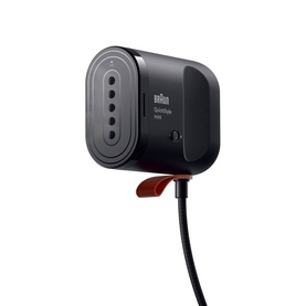 Braun QuickStyle Mini Garment Steamer in black, compact wall-mount design with power cord and red accent detail