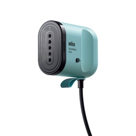 Braun QuickStyle Mini Garment Steamer in green, compact handheld design with dark grey steam head and black power cord
