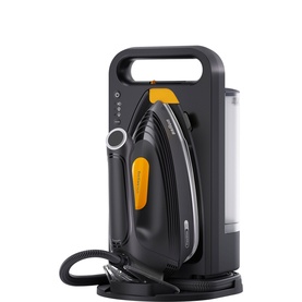 Braun UpStyle 2 Steam Generator Iron in black with yellow accents, shown on its docking station with water tank visible