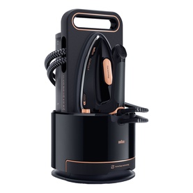 Braun CareStyle 9 Steam Generator Iron 2700W in black with rose gold accents, shown in circular docking station