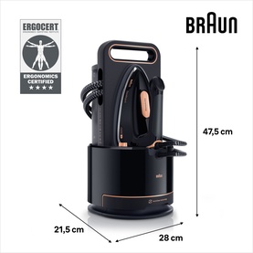 Braun CareStyle 9 Steam Generator Iron 2700W in black with rose gold accents, shown with dimensions: 47.5cm x 28cm x 21.5cm