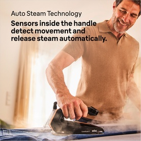 Man using Braun CareStyle 9 Steam Generator Iron in black, demonstrating Auto Steam Technology with handle movement detection.