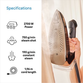 Braun CareStyle 9 Steam Generator Iron 2700W in black, held in hand beside fabric, with specifications: 2700W, 750g/min steam shot