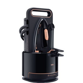 Braun CareStyle 9 Steam Generator Iron 2700W in black with rose gold accents, shown in circular docking station
