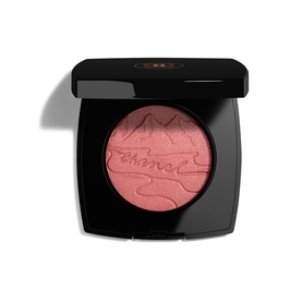 Chanel Blush in Mont Rose, compact powder blusher in rosy pink with engraved mountain motif, black lid