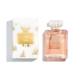 Chanel Coco Mademoiselle Eau de Parfum fragrance set with festive illustrated gift box featuring golden winter forest design