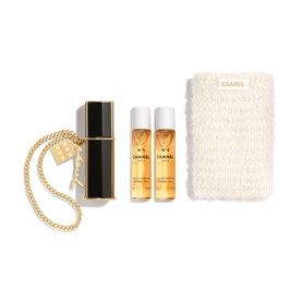 Chanel N&deg;5 fragrance gift set with gold-chain atomiser, two refill bottles, and cream textured pouch