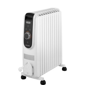 Delonghi Dragon 5 Connect Oil Filled Radiator Heater in white with dial controls, black panel, and castors