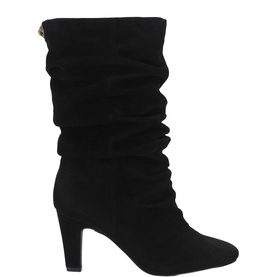 Kurt Geiger London black suede ruched mid-calf heeled boot with block heel and gold-tone back zip detail