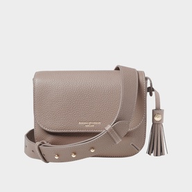 Aspinal of London taupe pebbled leather crossbody bag, gold-tone studs, wide adjustable strap, tassel zip pull