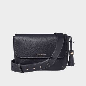 Aspinal of London navy pebbled leather crossbody bag with flap closure, gold stud trim, adjustable strap, and tassel detail