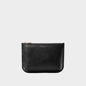 Black pebbled leather zip pouch with gold-tone zipper pull, flat rectangular silhouette on white background.