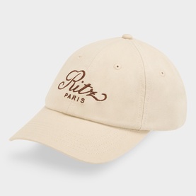 FRAME DENIM light beige cotton baseball cap with brown embroidered Ritz Paris script logo on front panel