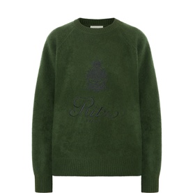 FRAME DENIM Emblem Logo Cashmere Sweater in Military Green with tonal emblem embroidery, crew neckline and ribbed trims