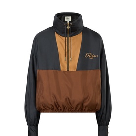 FRAME DENIM Dark Navy Multi colour-block half-zip pullover with elasticated hem and script logo embroidery at chest.
