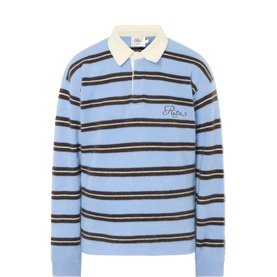 FRAME DENIM Logo Striped Cashmere Rugby Sweater in Light Blue Multi with contrast cream collar, dark stripes, and logo embroidery