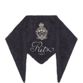 FRAME DENIM Emblem Logo Cashmere Bandana Scarf in navy with gold Ritz Paris emblem logo, triangular bandana silhouette