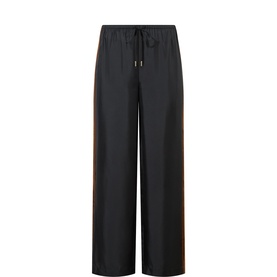 FRAME DENIM Side Stripe Wide Leg Silk Trousers in Dark Navy Multi with contrast side stripes, drawstring waist, and wide leg silhouette