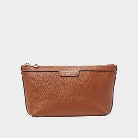 Aspinal of London tan pebbled leather clutch bag with gold-tone zip and logo plaque detail