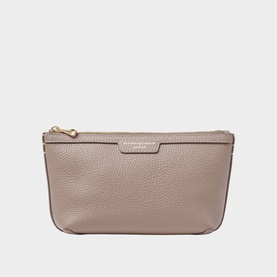 Aspinal of London taupe pebbled leather zip-top clutch pouch with gold-tone zipper pull and branded logo detail