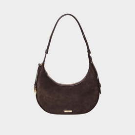 Aspinal of London Chocolate suede crescent shoulder bag with gold hardware, adjustable strap, and zip side pocket