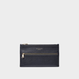 Aspinal of London navy pebbled leather pouch with gold-tone zip and front exterior zip pocket