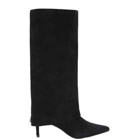 Kurt Geiger London black suede knee-high boots with fold-over cuff detail, pointed toe, and slim kitten heel