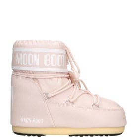 Moon Boot Icon Low snow boots in pale pink nylon with white logo band, lace-up front, and cream rubber sole