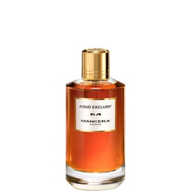 Mancera Aoud Exclusif EDP in clear glass bottle with amber fragrance and gold cap, 120ml