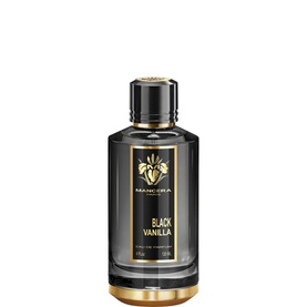 Mancera Black Vanilla Eau de Parfum in a black and gold bottle with floral embossed label detail