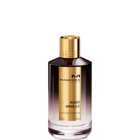 Mancera Aoud Vanille Eau de Parfum in tall glass bottle with gold cap and deep purple-to-pink gradient label