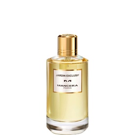 Mancera Jardin Exclusif Eau de Parfum in tall clear glass bottle with gold cap and white label
