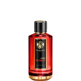 Mancera Intense Red Tobacco EDP in large glass bottle with red juice, black and gold cap, and ornate gold label detailing.