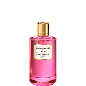 Mancera Juicy Flowers EDP in a pink glass bottle with gold cap and cream label, 120ml eau de parfum
