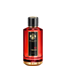 Mancera Red Tobacco Eau de Parfum in a red glass bottle with gold cap and black label detailing