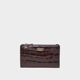 Aspinal of London burgundy croc-embossed leather wallet with gold-tone zip and branded bar detail