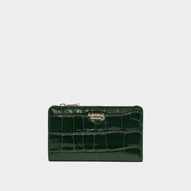 Aspinal of London Evergreen croc-embossed leather bifold wallet with gold-tone zip and logo plaque