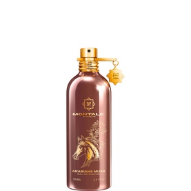 Montale Arabians Musk EDP in rose gold metal bottle with gold cap and horse motif, spray format