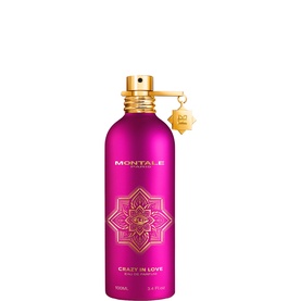 Montale Crazy in Love Eau de Parfum in a fuchsia pink bottle with gold cap and ornate floral motif, 100ml