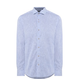 Remus blue cotton-linen blend formal shirt with spread collar, single cuff, and subtle textured weave