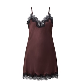 Sainted Sisters Dark Chocolate silk chemise with black lace trim at V-neckline, hem, and thin adjustable straps