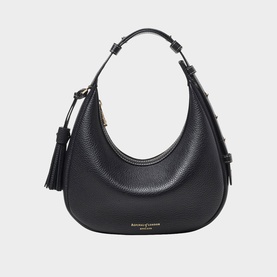 Aspinal of London black pebbled leather hobo bag with gold-tone hardware, tassel zip pull, and single top handle