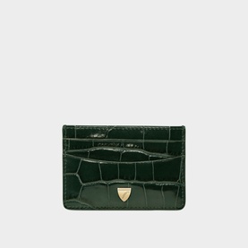 Aspinal of London Evergreen croc-embossed leather card holder with gold logo plaque and single card slot.