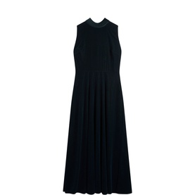 Hobbs evergreen sleeveless midi dress with mock neck, fitted waist and pleated skirt, displayed flat on white background.